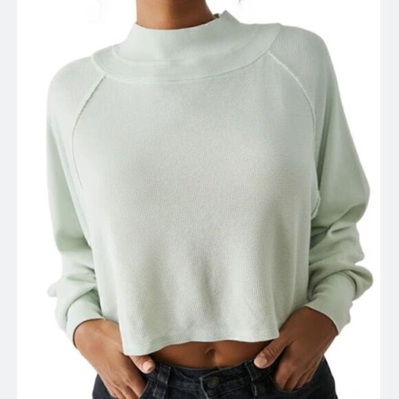 NWT Free People Fun Times Turtleneck Mick Iced Sage Waffle Knit Cotton Slouchy - Picture 1 of 7